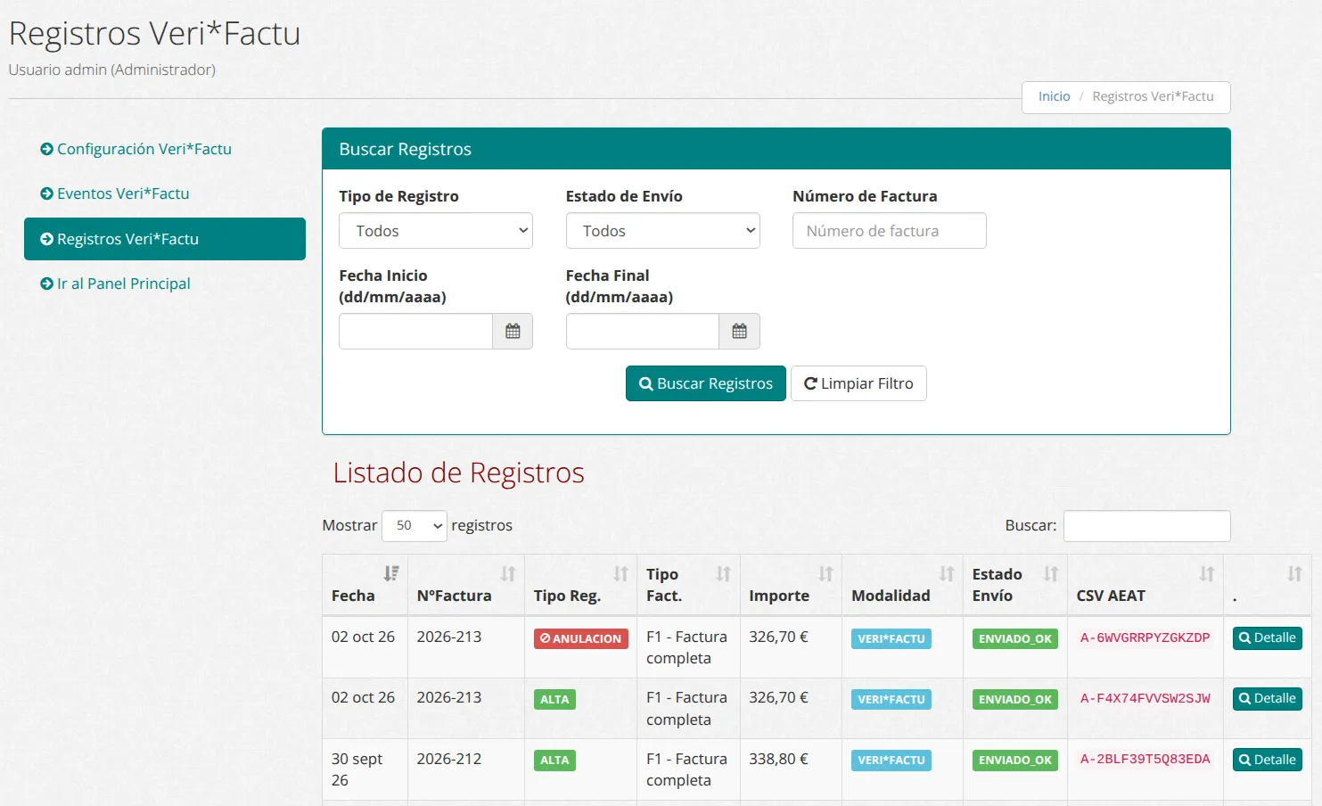 Listado de registros Veri*Factu con su tipo, importe, modalidad, estado del envío y código CSV de la AEAT
