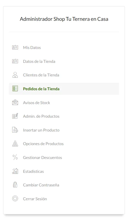 Menú del panel de administración de la tienda: datos, clientes, pedidos, avisos de stock, productos, descuentos y estadísticas