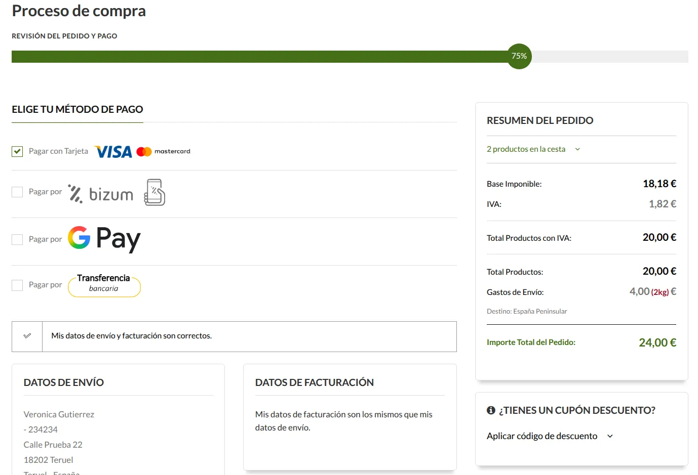 Paso de revisión del pedido y pago, con los métodos de pago y el resumen del pedido