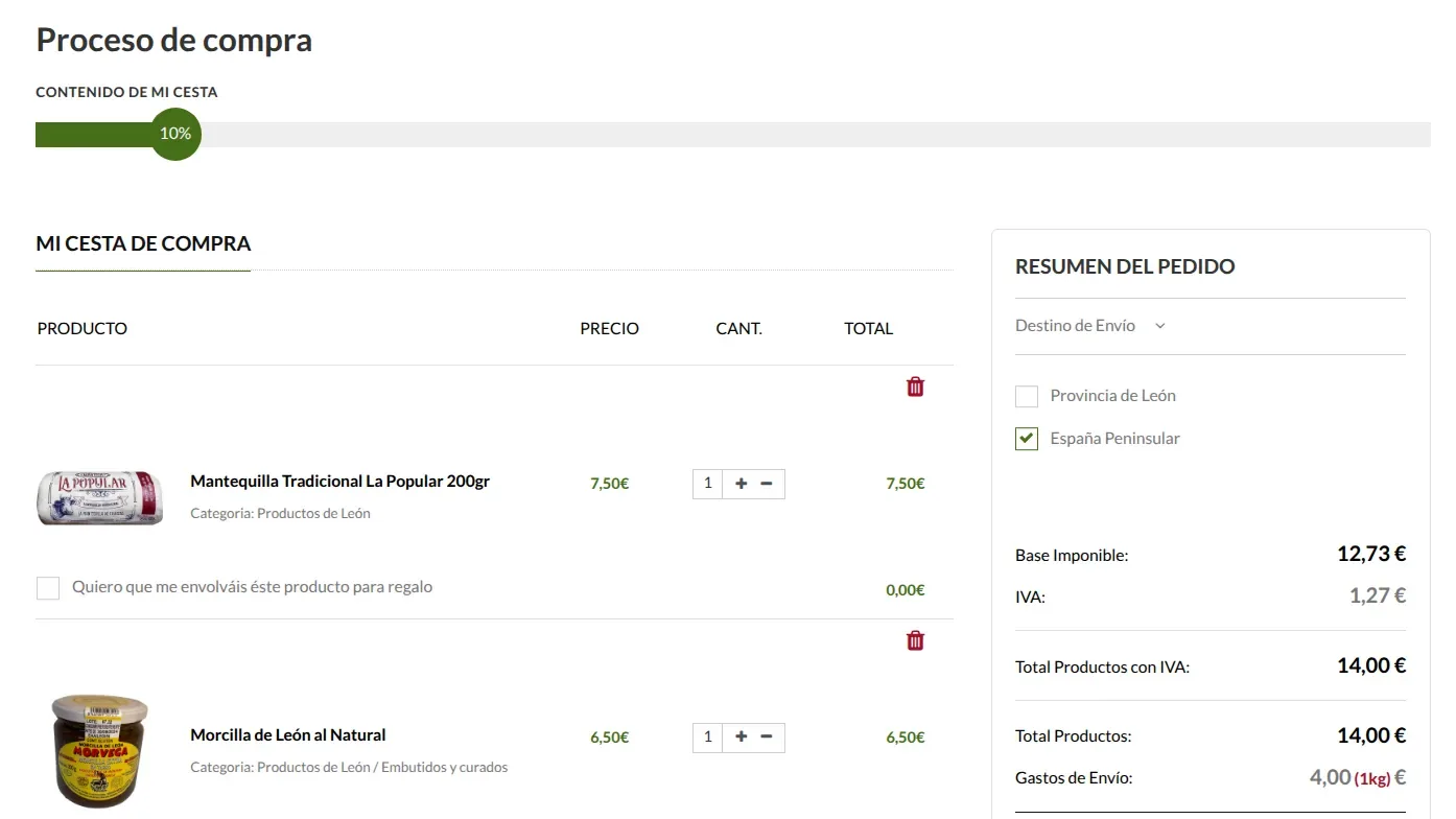 Cesta de la compra de una tienda online desarrollada por Alvasolution