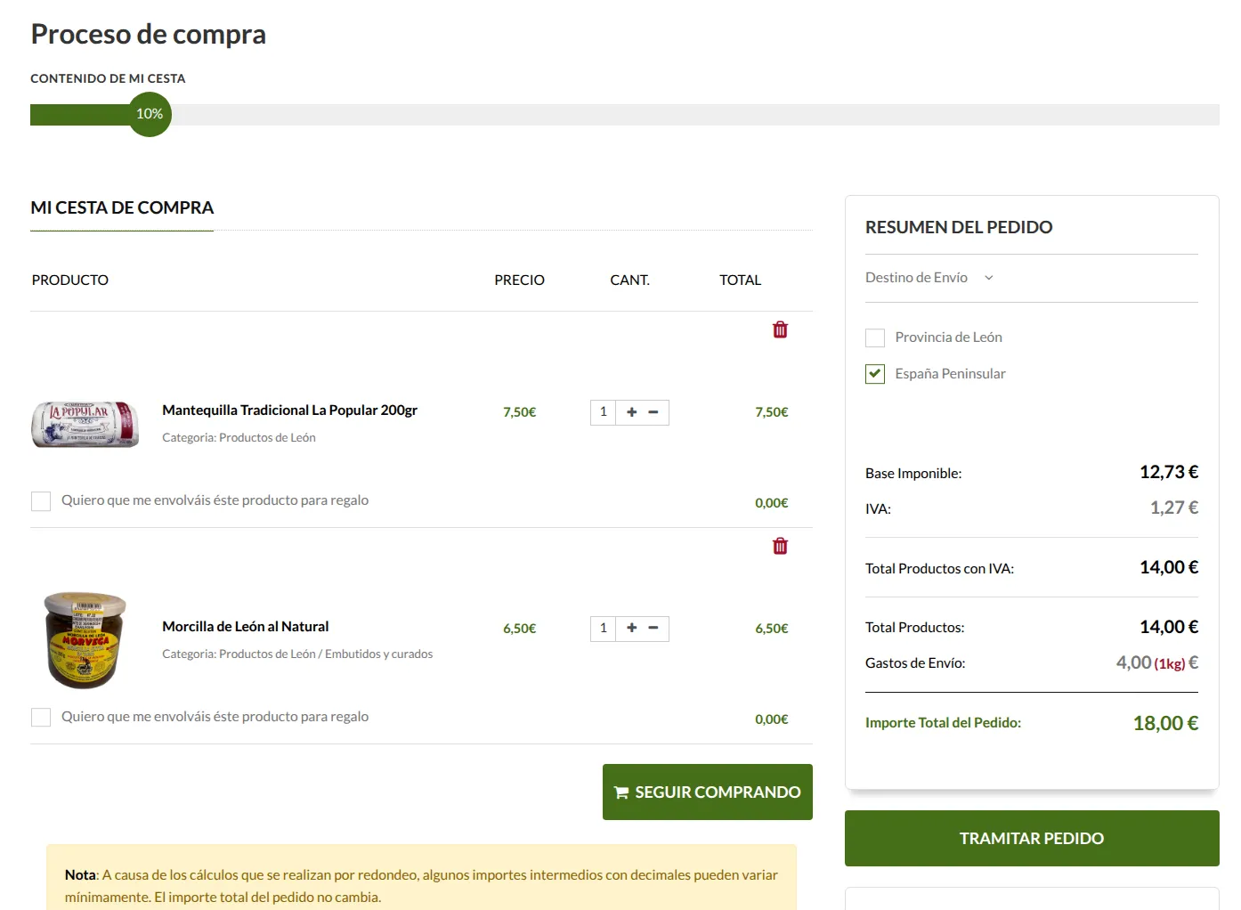 Cesta de la compra con el resumen del pedido, el destino de envío y el importe total